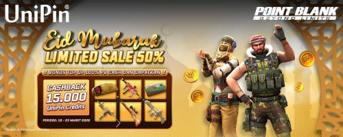 Eid Mubarak Limited Sale 50%! Top Up PB Cash dan dapatkan Bonus Top up 100% + Cashback 15.000 UniPin Credits!